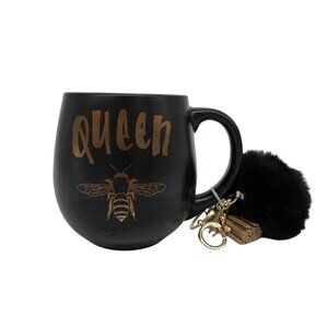 Black Ceramic Queen Bee Mug With Gold Text & Tassel Pom Keychain Gift Set By Pri